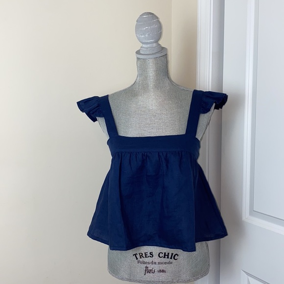 Square Neck Linen Cropped Ruffle Detail Sleeveless Navy Top Size XS - Picture 1 of 6